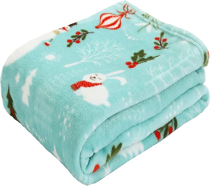 Elegant Comfort Velvet Touch Ultra Plush Christmas Holiday Printed Fleece Throw/Blanket-50 x 60inch, (Santa Snowman Teal)