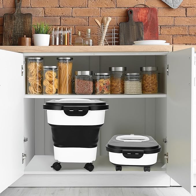 2 Sets Dog Food Storage Containers 15-20 Lbs Collapsible Dog Food Storage Container - with Measuring Cup &Scoop(Grey+grey)