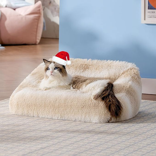 Lesure Cute Cat Couch Bed - Furry Indoor Cat Sofa Large, Washable Calming Small Dog Beds for Puppy with Fashion Design, 26x21x9inches, Beige Stripe