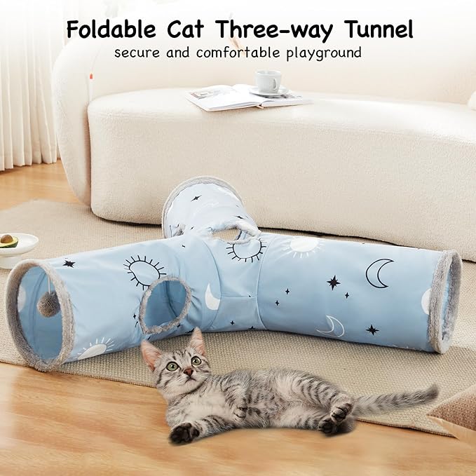Tempcore Pet Cat Tunnel Tube Cat Toys 3 Way Collapsible, Cat Tunnels for Indoor Cats，Kitty Tunnel Bored Cat Pet Toys Peek Hole Toy Ball Cat, Puppy, Kitty, Kitten, Rabbit Blue Large Size Blue Sun