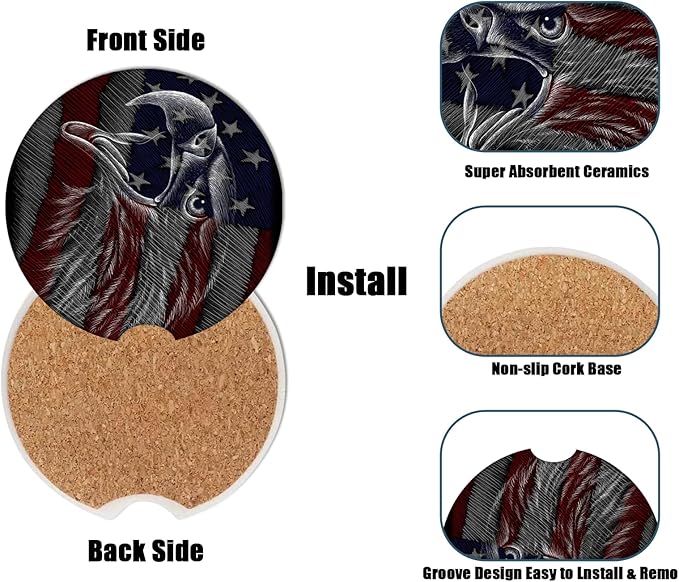 Car Cup Holder Coaster - American Flag Eagle Absorbent Ceramic Coaster, Car Coasters for Cup Holders, Auto Accessories for Women & Men, Pack of 2