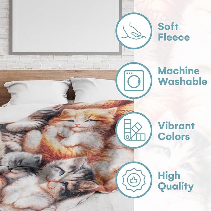 Dawhud Direct Fleece Throw Blanket - Adorable Kitten, Soft and Warm Kitten Blanket - Ideal Cat Themed Throw Blanket for Cat Lovers - Cozy Fleece Blanket for Couch, Home or Travel - 60 x 50 inches