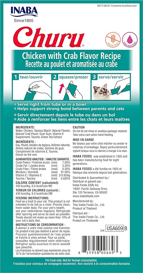 INABA Churu Cat Treats, Grain-Free, Lickable, Squeezable Creamy Purée Cat Treat/Topper with Vitamin E & Taurine, 0.5 Ounces Each Tube, 24 Tubes (4 per Pack), Chicken with Crab Recipe