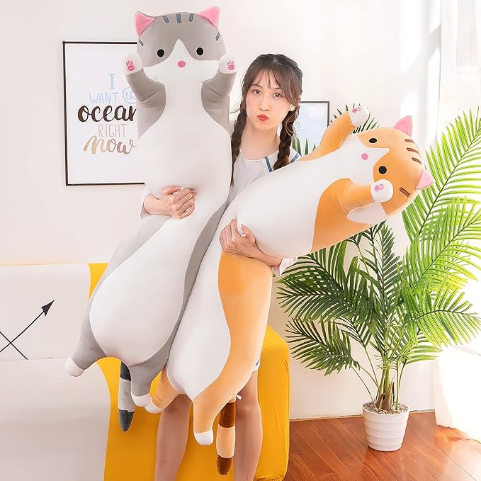 Plush Cat Soft Kids Plush Toy Pillow Plush Long Cotton Kitten Cuddly Toy Stuffed Animal Toy Gift for Kids Girlfriend(Gray, 130cm/51.2in)