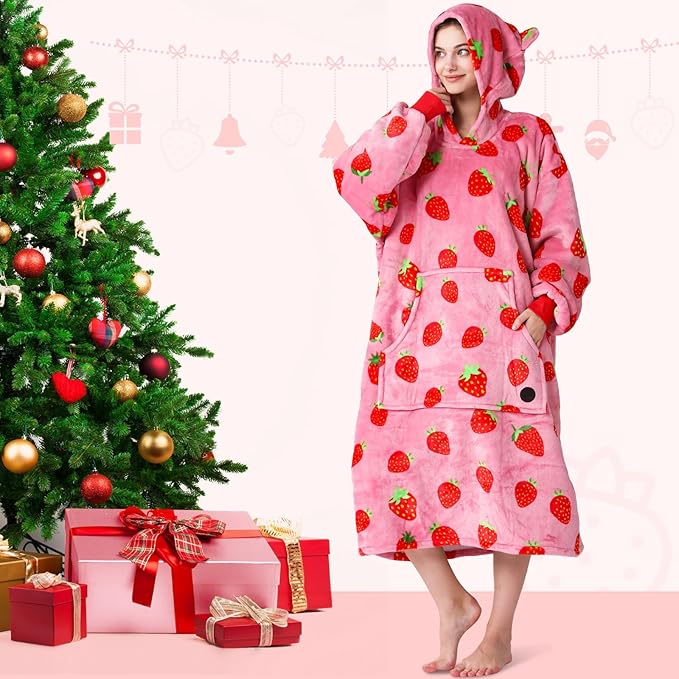 THREE POODLE Wearable Blanket Hoodie, Oversized Sherpa Sweatshirt Blanket for Adults Women Men, Warm Cozy Strawberry Hooded Blanket, Gifts for Mom Girlfriend