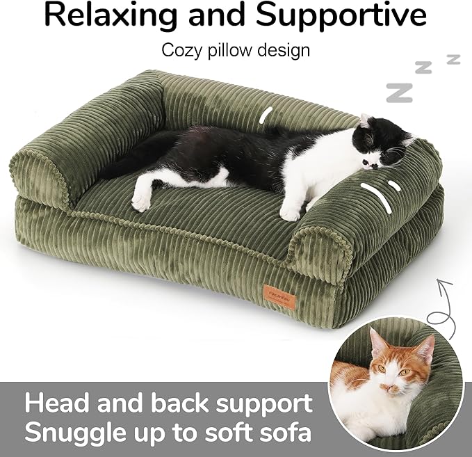 FUKUMARU Cat Couch Bed, Corduroy Cozy Cat Bed for Indoor Cats with Removable Washable Cover, Supportive Anti-Slip Dog Beds Sofa for Small Dogs Cute, 27inch, Medium, Green