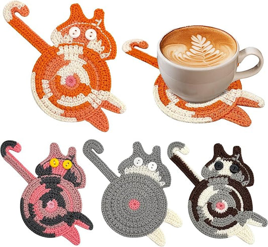 4 Pcs Coasters for Drinks, Boho Style Coaster, Cotton Woven Creative Cute Cat Coaster, Funny Coasters for Bar, Table Protection Suitable, Housewarming Gifts New Home