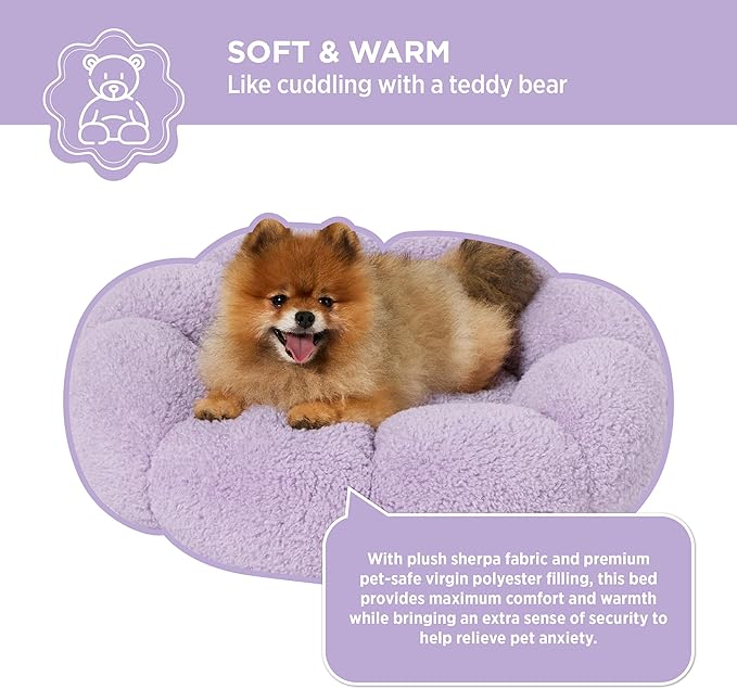 Lesure Calming Small Dog Bed - Flower Donut Round Fluffy Puppy Bed in Plush Teddy Sherpa, Non-Slip Cute Flower Cat Beds for Indoor Cats, Small Pet Bed Fits up to 25 lbs, Machine Washable, Purple 23"