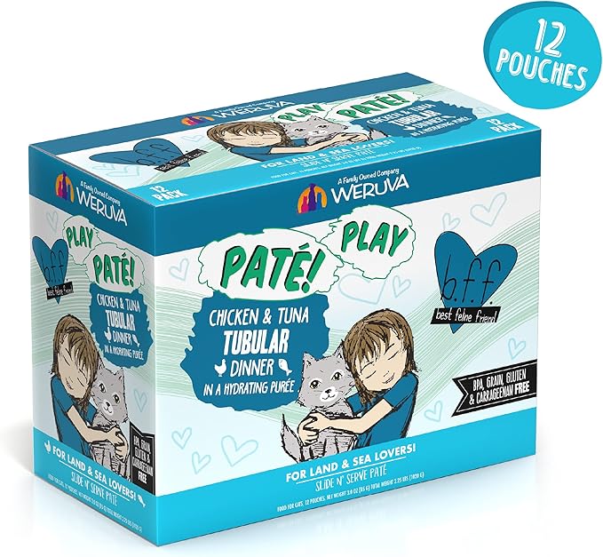 Weruva B.F.F. Play - Best Feline Friend Paté Lovers, Aw Yeah!, Chicken & Tuna Tubular with Chicken & Tuna, 3oz Pouch (Pack of 12)