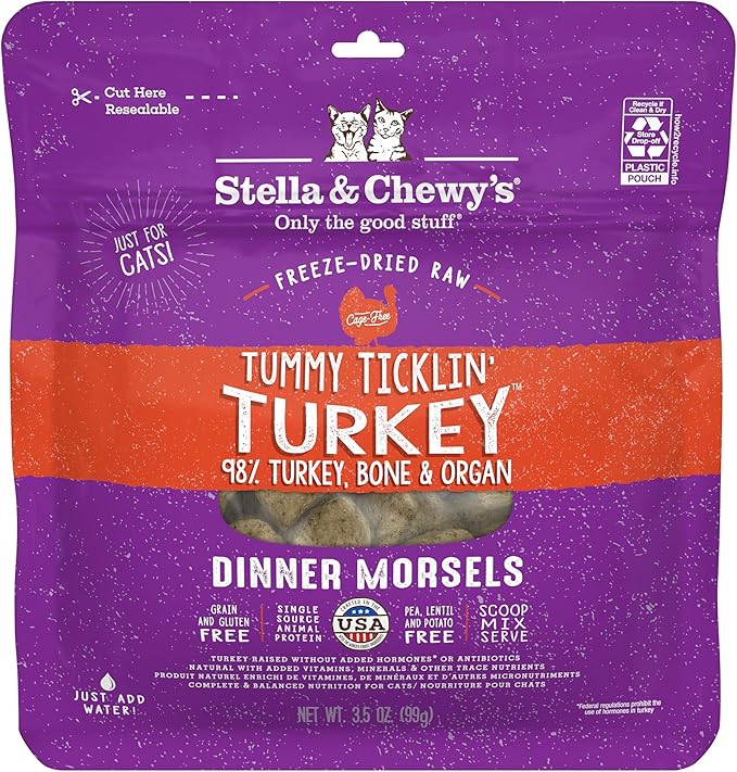 Stella & Chewy’s Freeze-Dried Raw Cat Dinner Morsels – Grain Free, Protein Rich Cat & Kitten Food – Tummy Ticklin’ Turkey Recipe – 3.5 oz Bag
