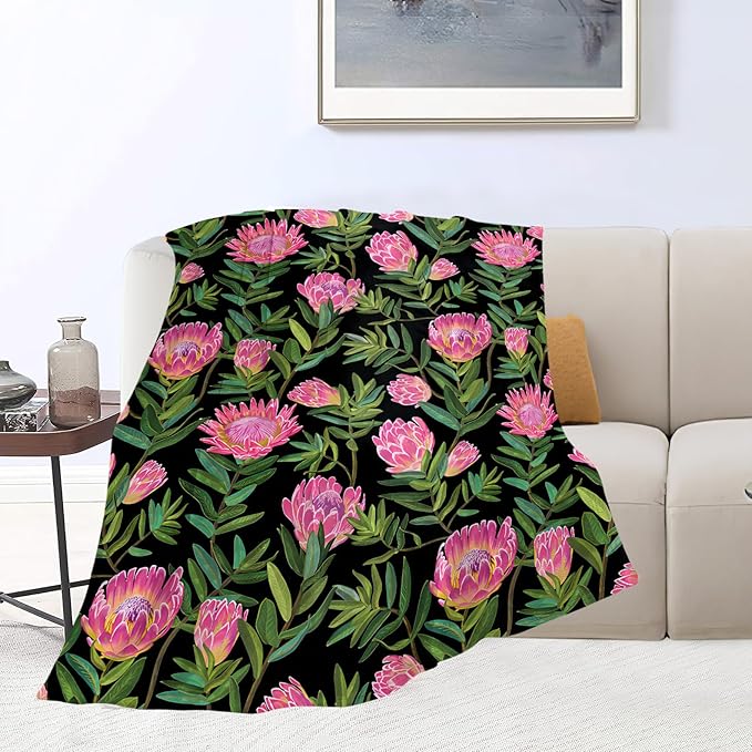 Protea Flower Blanket Ultra Soft Cozy Plush Farmhouse Floral Throw Blanket Wildflower Lovers Gifts for Girls Women Kids Adults Lightweight Flannel Comfy Blankets for Couch Sofa Bed 80"x60"