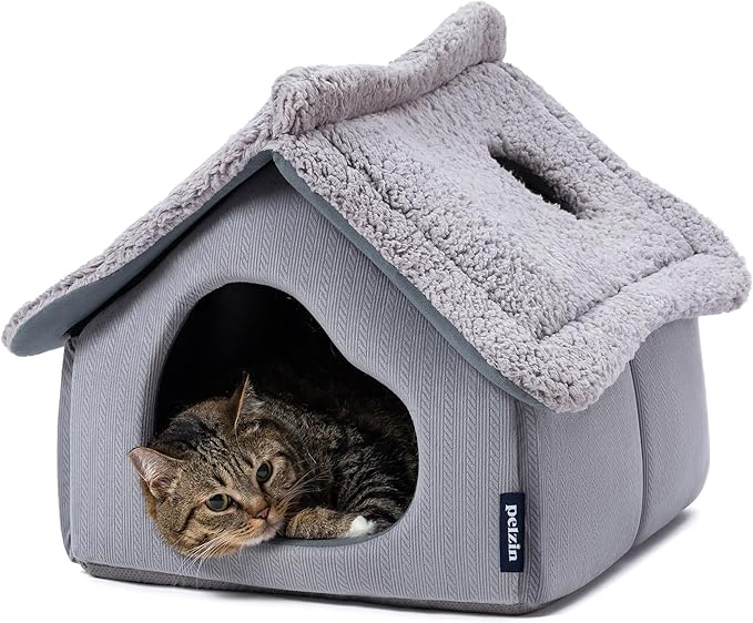 Cat Houses for Indoor Cats - Large Cat Cave Bed with Removable Support Foam and Washable 2-Side Mat - Covered Cat Bed for Cat Hideaway - Enclosed Cat Hideout for Kitten and Small Pet, Grey