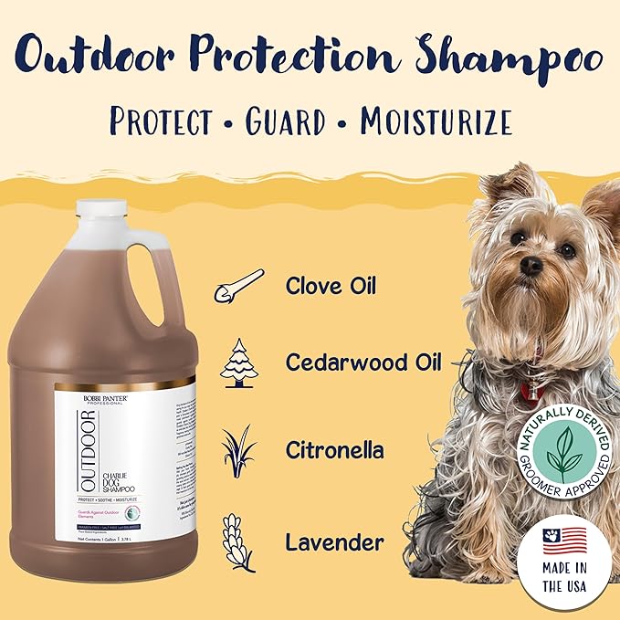 Bobbi Panter Charlie Outdoor Dog Shampoo to Protect Fur & Moisturizes Skin, Natural Ingridients, Tear-Free, pH-Balanced, Concentrated 20:1 Formula, Clove & Cedarwood Scent, 1 Gal.