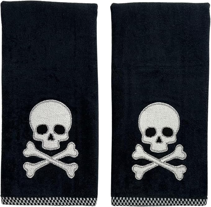 Halloween Hand Bathroom Towels Set of 2-16” x 25” Embroidered Skull and Crossbones Design - Soft Black Cotton Decorative Kitchen Bath Holiday Decor