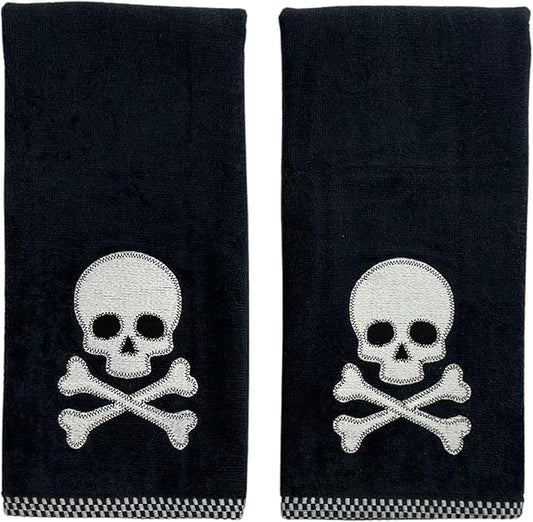 Halloween Hand Bathroom Towels Set of 2-16” x 25” Embroidered Skull and Crossbones Design - Soft Black Cotton Decorative Kitchen Bath Holiday Decor