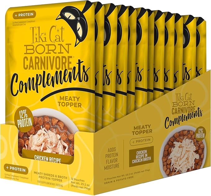Tiki Cat Born Carnivore Complements Wet Cat Food Topper, Chicken, 2.1 oz. Pouch (12 Count)