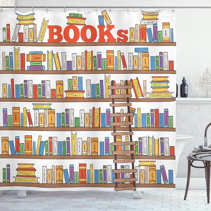 Ambesonne Modern Shower Curtain, Library Bookshelf a Ladder Campus Life Caricature Illustration, Cloth Fabric Bathroom Decor Set with Hooks, 69" W x 84" L, White Coral Multicolor