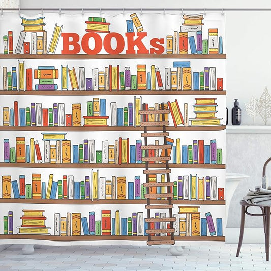 Ambesonne Modern Shower Curtain, Library Bookshelf a Ladder Campus Life Caricature Illustration, Cloth Fabric Bathroom Decor Set with Hooks, 69" W x 70" L, White Coral Multicolor