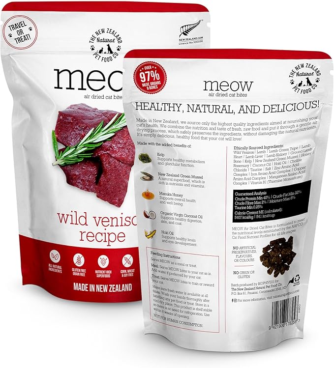 Meow Air Dried Cat Food - Venison Recipe, High Protein Dry Cat Food, Use as a Complete Diet, Topper, Mixer, or as Cat Training Treats, All Life Stages,3.5 oz