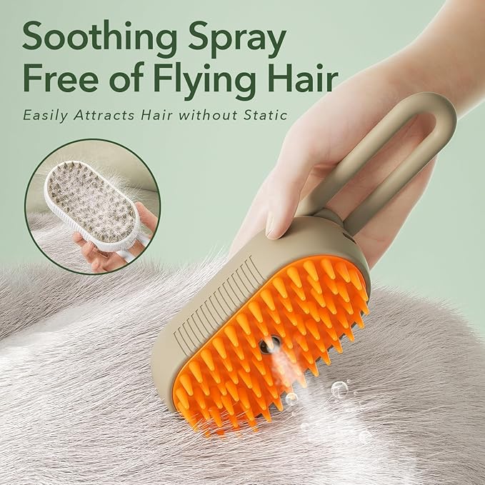 Improved 3-in-1 Steam Grooming Brush for Dogs & Cats: Hair Remover, Cleaning Brush and Massaging, Water Brush for Shedding, Sutiable for indoor Haired Cats, Dogs and Rabbits. (Khaqi)
