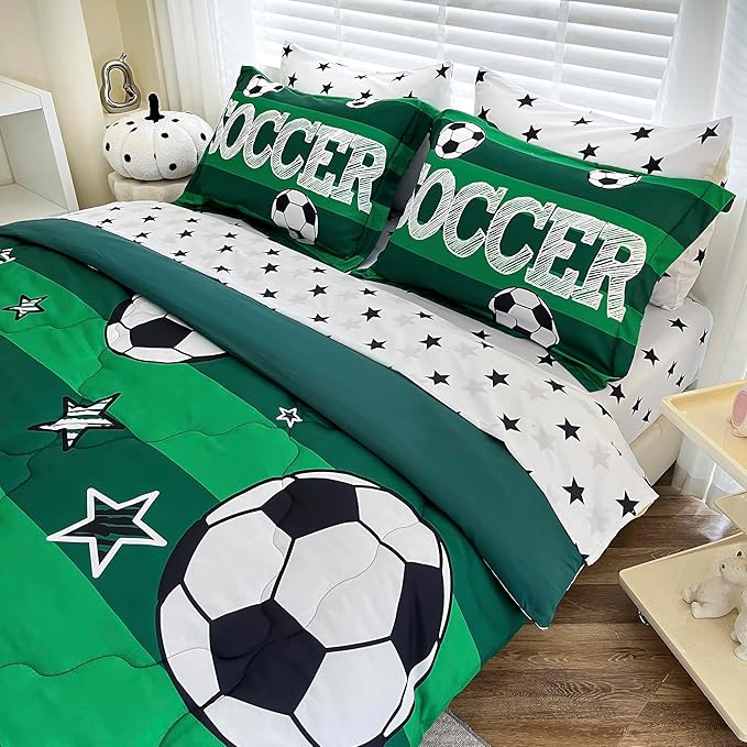 7 Piece Boys Soccer Comforter Set Twin Size Bed in A Bag 3D Football Playground Sports Bedding Set for Kids Microfiber Comforter All Season Green