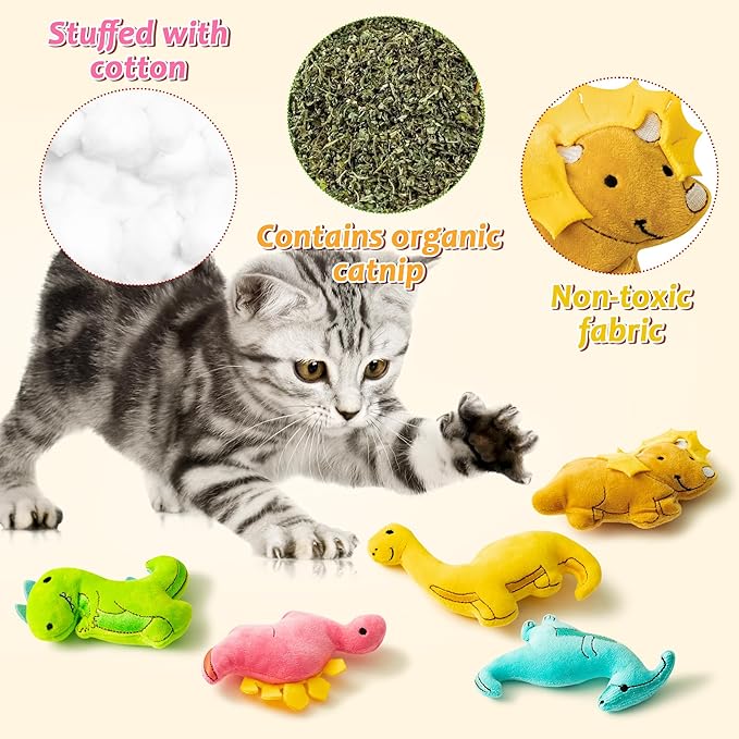 MALLMALL6 5Pcs Dinosaur Catnip Toys for Cat, Indoor Cat Chew Bite Bunny Kick Plush Catmint Pet Toys Supplies for Cat Lover Gifts, Interactive Cat Toy with Cute Expression for Pet Presents