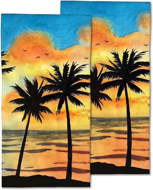 Tropical Palms Hand Towels Set of 2,Beach Sunset Soft Fingertip Bath Towel Small Face Washcloths Decor Kitchen Towel for Hotel Spa Gym Sport 28x14in