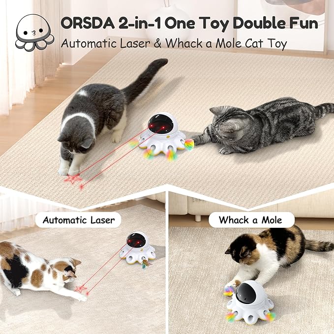 ORSDA 2-in-1 Cat Toy, Interactive Cat Toys for Indoor Cats, Automatic Laser Pointer Cat Toy, 8 Holes Mice Whack A Mole Moving Feather, USB Rechargeable Electronic Kitten Toys