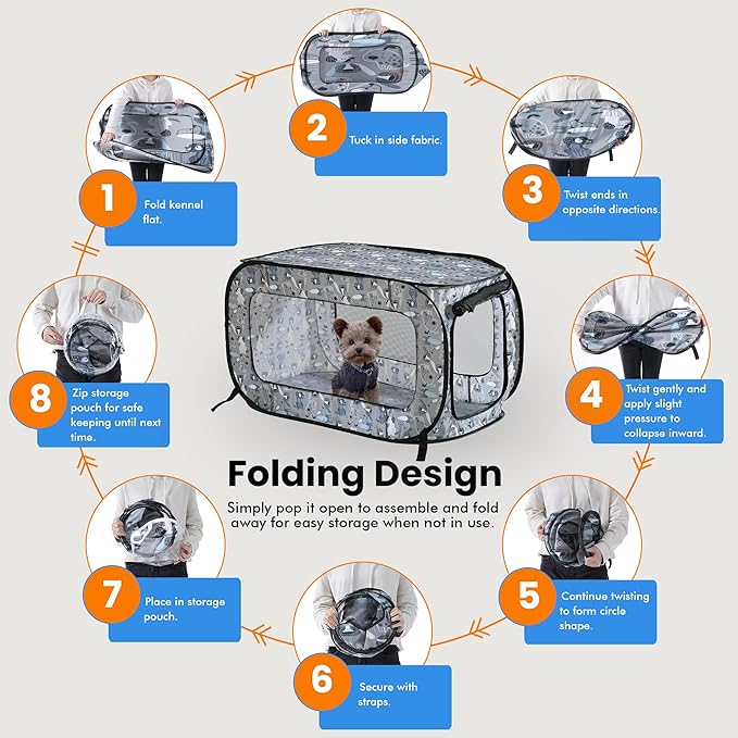 Beatrice Home Fashions Portable, Collapsible, Pop Up Kennel Travel Cat and Dog Crate, 36" L x 22" W x 22" H, Tail Waggers