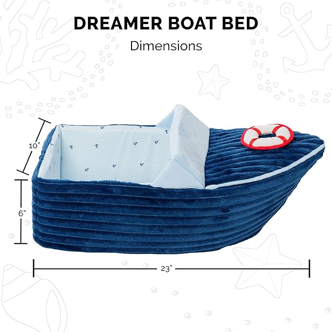 Furhaven Soft & Cozy Cat Bed w/ Catnip Toy for Indoor Cats, Washable w/ Removable Pillow Cushion Insert - Corduroy Boat Bed - Blue, Small