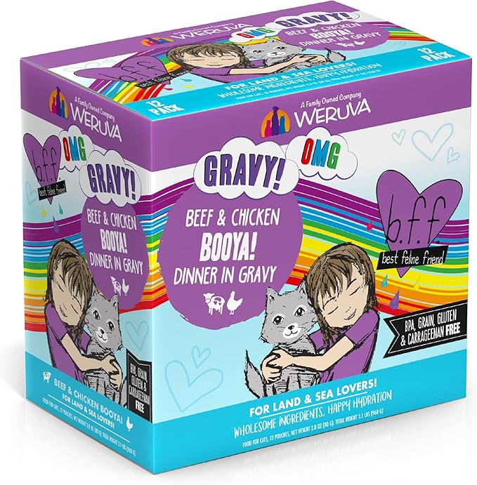 Weruva B.F.F. OMG - Best Feline Friend Oh My Gravy!, Booya! Beef & Chicken in Gravy Cat Food, 2.8oz Pouch (Pack of 12)