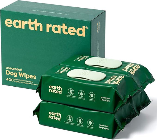 Earth Rated Hypoallergenic Pet Wipes for Dogs & Cats, Cleaning and Odor-Controlling Grooming for Paws, Body, and Butt, Unscented, 400 Count