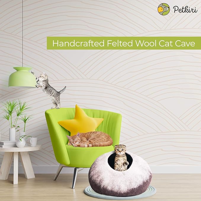 Handcrafted Felted Wool Cat Cave Bed for Cat and Kittens - Felted from 100% Natural Wool (Coffee Petals)