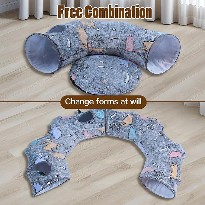 Cat Tunnel Bed,Cat Tunnel Bed with Soft Central Cat Couch,Cat Toys for Indoor Cats,Collapsible Peekaboo Cat Cave,Cat Donut Tunnel and Kitty Toy Set（Luminous，Donut）