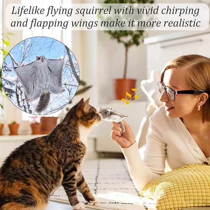 Suhaco USB Rechargeable Cat Toys Flapping & Chirping Mouse Kitty Toys with Catnip, Door Hanging Interactive Squeaky Flying Squirrel Cat Toys Touch Activated Beating Wings Kitty Kicker Toys for Cats