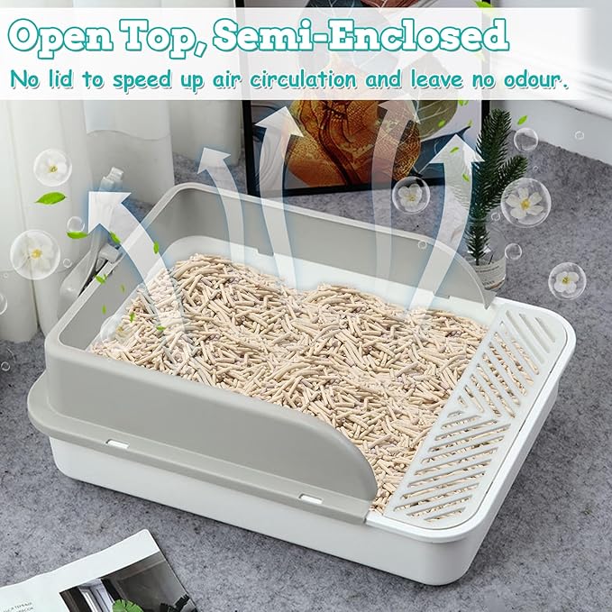 BNOSDM Sifting Litter Box Open Cat Litter Box with High Sides Detachable Kitten Toilet Semi-Enclosed Litter Tray Pan with 16 Piece Kitten Starter Kit for Small Cat Kitty, Grey