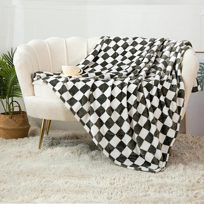 Checkered Throw Blanket | Ultra Soft Warm Fleece Blanket Checkerboard Grid Plush Blanket for Couch Bed Sofa | Birthday Valentine's Day 50"x60" Olive Green
