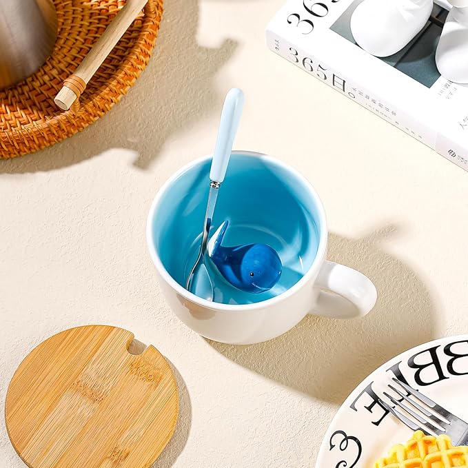 BigNoseDeer Whale Mug Cute Mugs with 3D Ceramic Whale Inside Kawaii Blue Whale Coffee Mug with Lid and Spoon Coffee Cups Tea Cups Cute Ctuff and Cute Gifts Birthday Gifts for Women 13.5oz