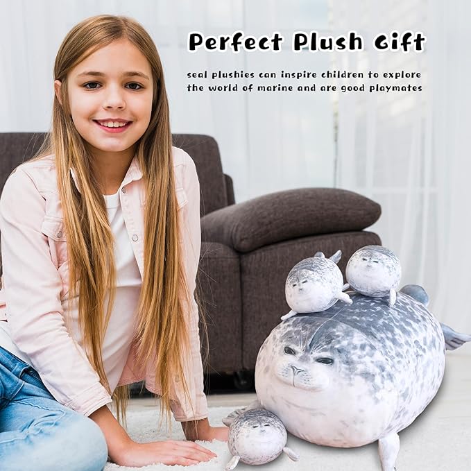 Chubby Blob Seal Pillow Cute Seal Plush with 4 Baby Plushies in Her Tummy, Soft Cotton Stuffed Animals Toy Gifts for Kids