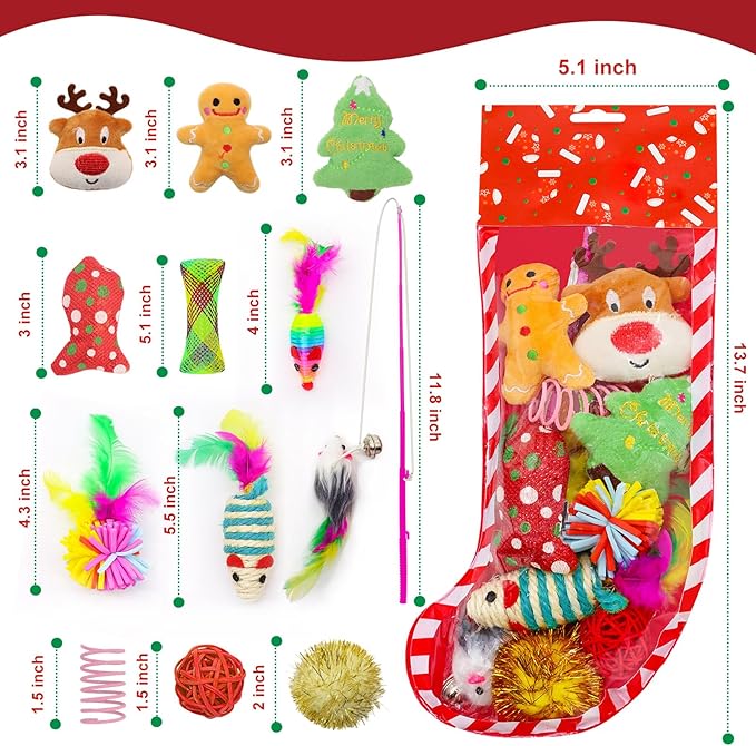 12Pcs Christmas Stocking Cat Toys, Xmas Cat Toys Set with Catnip Plush Toy, Mice Feather Toys, Cat Wand, Pet Supplies for Kitten Toys Interactive Play Indoor Cats Christmas Decorations