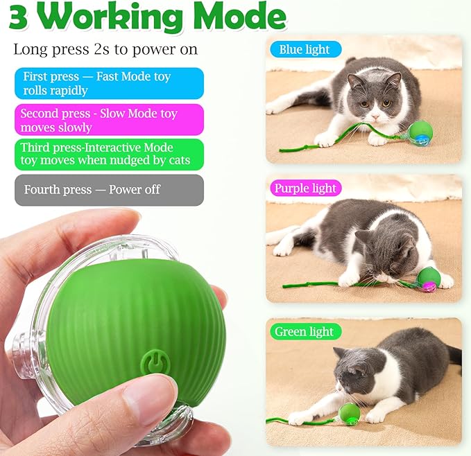 Interactive Cat Toy - Cat Toys for Indoor Cats Smart Silicone Rolling Ball with Tail,Bird Sound,Obstacle Avoidance and Motion Activated,Kitten Puzzle Toys for Bored Indoor Adult Cats & Dogs (Green)