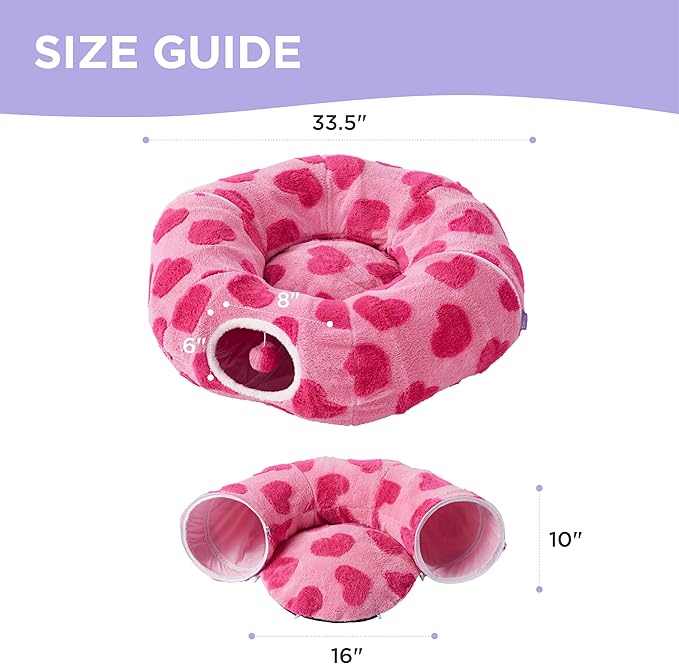 Lesure Cat Tunnel Bed for Indoor Cats - Cute Cat Donut Tunnel with Washable Circle Cushion, Round Pet Play Tunnel Toy for Kitten/Puppy/Rabbit, Pink Hearts
