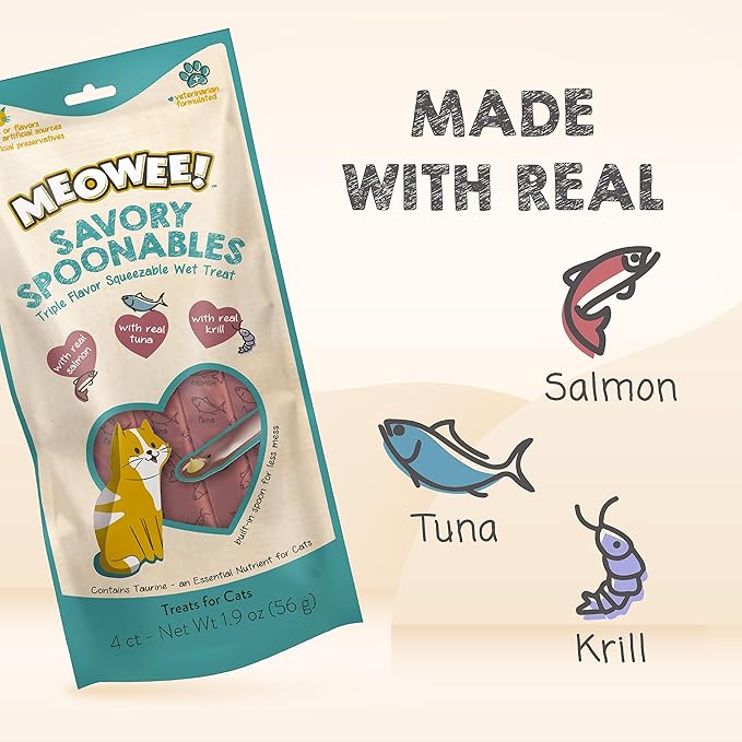 Savory Spoonables with Real Salmon, Tuna & Krill, 4 Count Tube, Triple Flavor Squeezable Lickable Wet Treats for Cats with Built-in Spoon for Less Mess