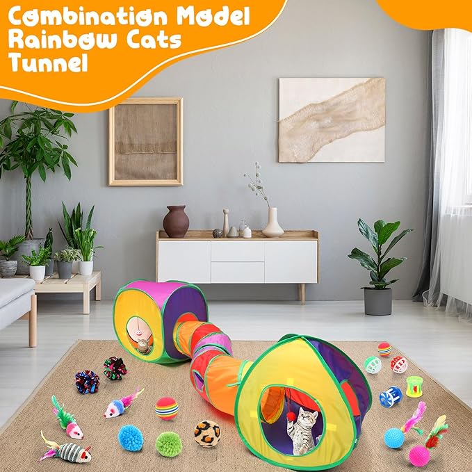 21 Pcs Cat Tunnels for Indoor Set, 3 In1 Collapsible Cat Tunnel Toy with Cube Tent Toys Combo and 20 Pcs Interactive Kitty Toys Cat Feather Toy Fluffy Mouse Crinkle Balls for Kitten Puppy