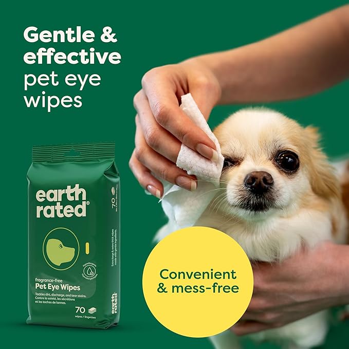 Earth Rated Pet Eye Wipes, Hypoallergenic Cleaner for Dogs & Cats Eyes to Remove Dirt & Discharge, Fragrance Free, 70 Count