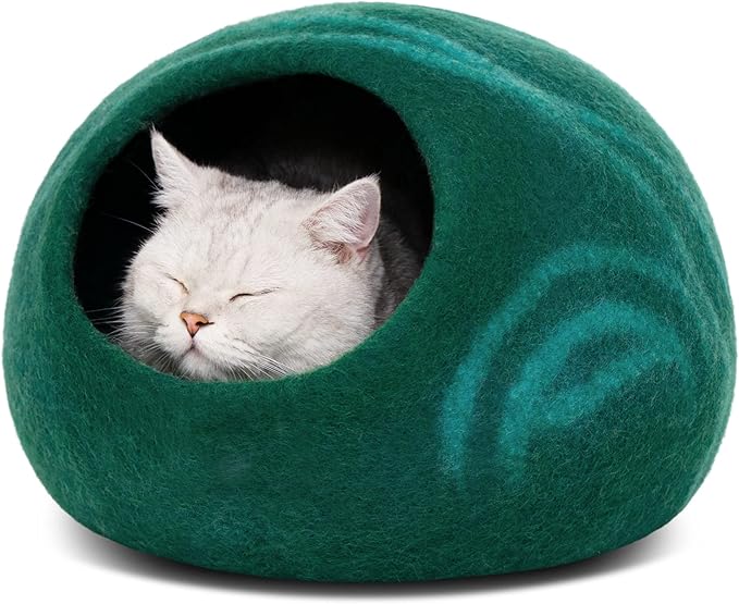 MEOWFIA Cat Cave – Premium Felt Cat Bed for Indoor Cats, Handmade 100% Merino Wool (Dark Shades) (Medium, Emerald)