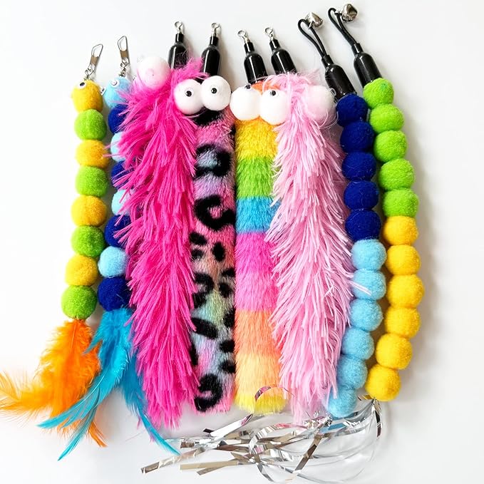 Cat Worm Toy Refills Cat Wand Replacement Worms Cat Toy, 8 PCS Cat Wand Attachments Assorted Worm Feather for Cat Toys