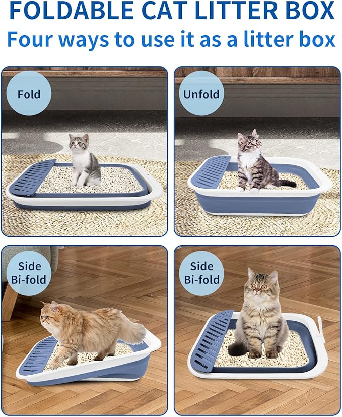 BNOSDM Senior Cat Litter Box Low Entry Kittens Travel Litter Box with Scoop Open Collapsible Shallow Cats Potty Pan Foldable Pet Toilet for Sick Disabled Older Elderly Cats Blue