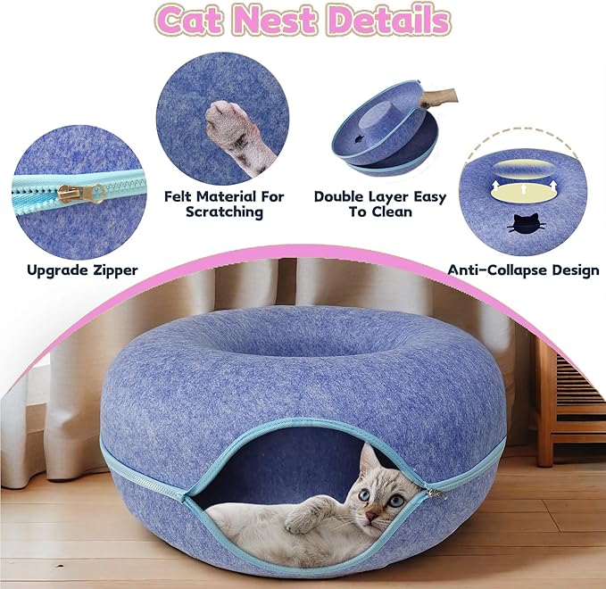 Donut Cat Tunnel Bed Peekaboo Cat Cave for Large Cats Up to 30 Lbs, Kitty Interactive Playing Tent House for Multiple Cats,Detachable,Scratch Resistant (Blue, Large - 24 Inch Diameter)