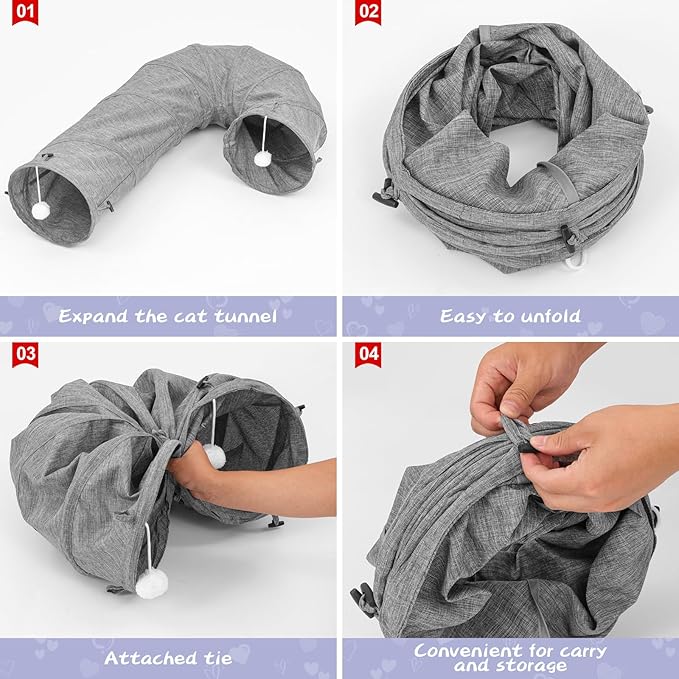 Cat Tunnel, Collapsible Bent Cat Tunnel Sturdy Oxford Fabric for Indoor Cats,Interactive Hanging Ball Pet Tunnel Tube with Cat Teaser Stick (Grey)